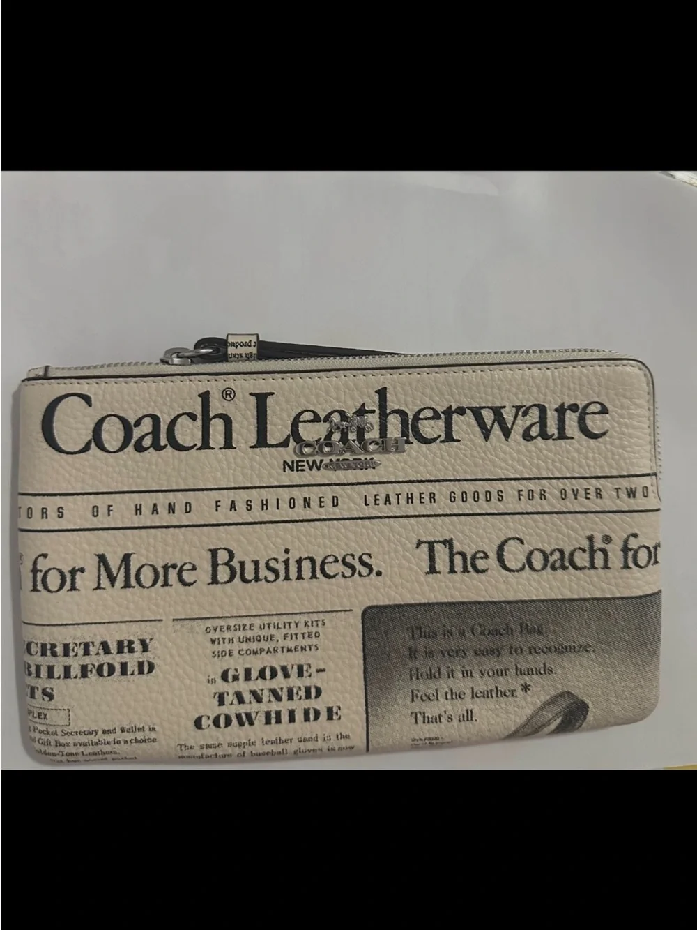 Coach Leather Zip Wallet in Cream and Black Newspaper Print